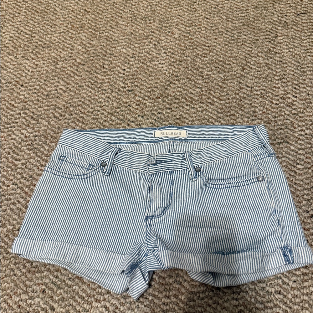 Bullhead White and Blue Striped Jean Shorts